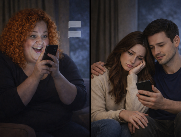 Third-party interference in romantic relationships shown through a split image of an outside individual texting and a couple affected by lack of emotional boundaries and boundary leadership.